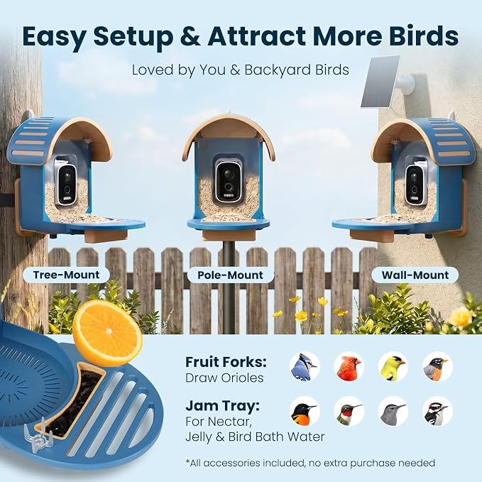 Smart Bird Feeder with Camera, 2.5K UHD Solar Powered WiFi Bird Watching Camera, AI Bird Species Identification, Instant Alerts, IP66 Waterproof Outdoor Wild Bird Feeder, Gift for Dad, Blue
