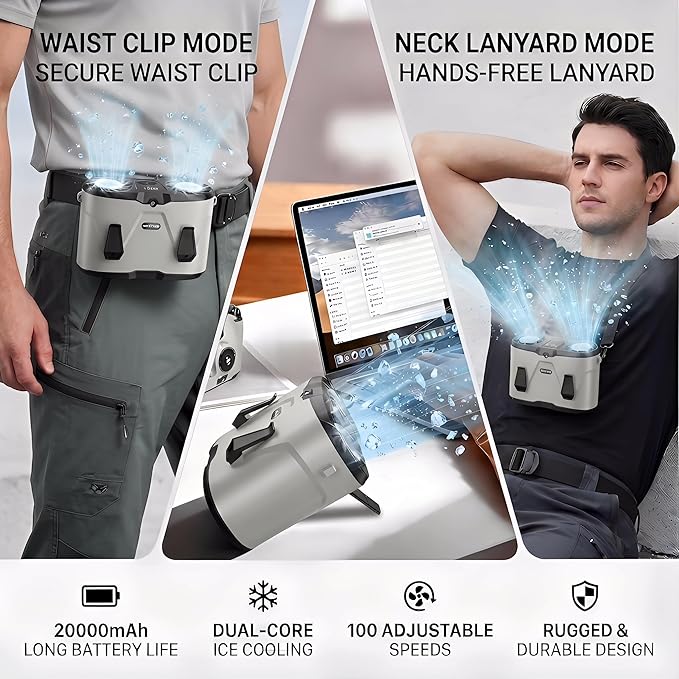 20000mAh Portable Waist Fan Rechargeable, Dual Air Outlet Belt Fan with Cooling Plate, 10 Speed Personal Air Conditioner with LED Display & Light for Work Outdoor (Gray)