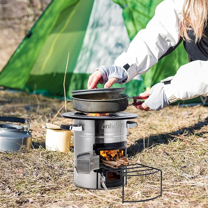 Onlyfire Stainless Steel Rocket Stove – Large Portable Wood Burning Camp Stove for Outdoor Cooking, Survival, Backyard, Patio – High Efficiency, Low Smoke, Supports Dutch Oven, 12.7x12.7x11.4 in