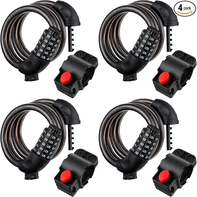 4 Pieces Bike Lock 4 Feet Bike Lock Cable 5 Digit Resettable Combination Code Security Coiling Bicycle Lock 2/5 Inch Diameter with Mounting Bracket for Bicycle Outdoors (Black)