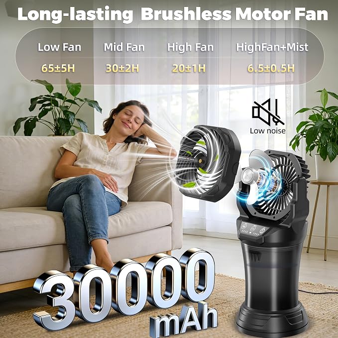 LanSuper Misting Fan, Portable Misting Fan with Light & 2L Water Tank, 30000mAh Battery Powered Misting Camping Fan, Rechargeable Mist Fan with Remote & Timer, 4 Speeds & Spray, 120° Auto Oscillating