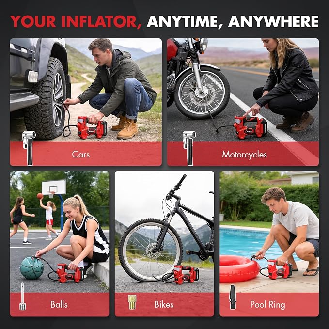 Tire Inflator Portable Air Compressor,20V Cordless Tire Inflator with 150PSI Max,4X Faster Portable Air Pump,Battery Powered Pump with Digital Pressure Gauge for Car Tires,Motorcycle,Bike,Balls