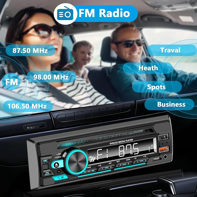 Single DIN CD/DVD Car Stereo with Bluetooth Hands-Free Calling, Push-to-Talk Assistant, FM Car Radio, USB AUX SD Playback, App Control, 7-Color Backlit Display, iOS & Android Compatible