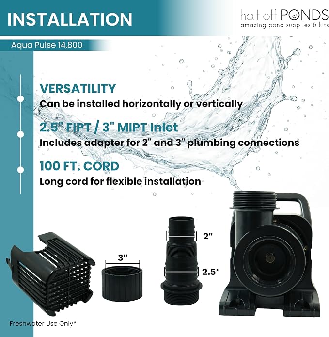 Aqua Pulse Submersible Pond Pump, 14,800 GPH, 100 ft Cord | 35.5 ft max head, 1100W energy efficient, Ultra quiet, For koi ponds, Waterfalls, Fountains