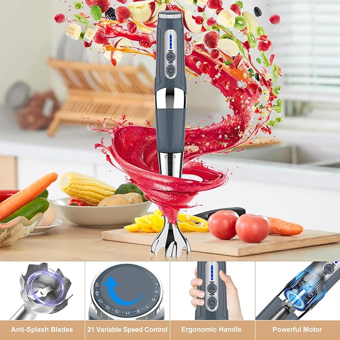 Toogel Cordless Immersion Blender, 4-in-1 Electric Hand Blender with 21-Speed & 3-Angle Adjust, USB Rechargeable, BPA-Free & Dishwasher Safe for Baby Food, Smoothies, Soup (Grey)