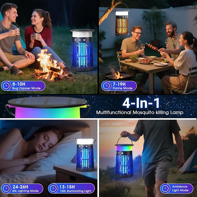 Solar Bug Zapper Outdoor, Portable Electric Mosquito Killer with Panel Sensor, Rechargeable Insect Trap with LED Night Light and Flame Effect, Ideal for Outside Patio, Backyard, and Camping (1 Pack)