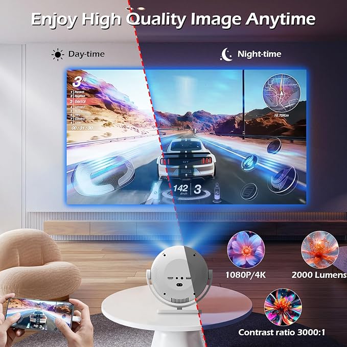 Mini Native 1080P Projector, 4K Support with WiFi6 and BT 5.2, Built-in Apps Full HD Outdoor Projector, Auto Keystone compatible with Cell, PC, Fire Stick, PS5 for Home Bedroom, White