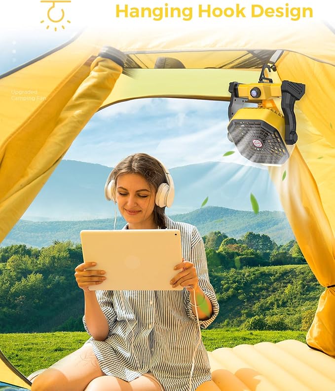 JINLICTE Portable Camping Fan, Rechargeable Battery Powered Tent Fans for Camp Hanging, [8-36Hrs Runtime], 9 Inch, Stepless Speed, Powerful&Quiet, for Picnic, Barbecue, Fishing, Travel, Home, Tent