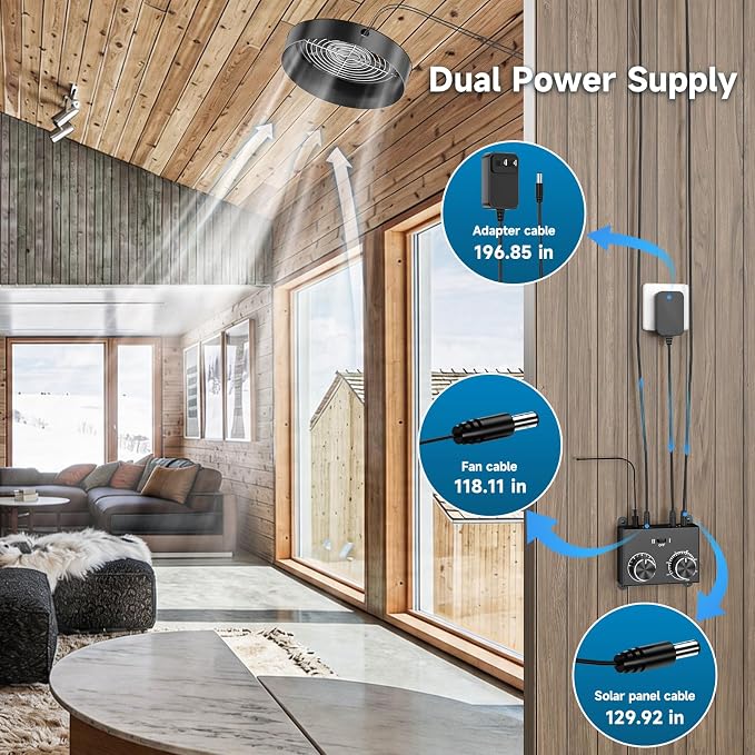 20 Watt Solar Roof Vent Fan - MPPT Controller with Thermostat, Adjustable Wind Speed, 2 Modes, Adapter, Dual Power Auto-Switch for 24/7 Operation - Cools up to 1100 Sq.Ft, for Small Attic Garage Shed