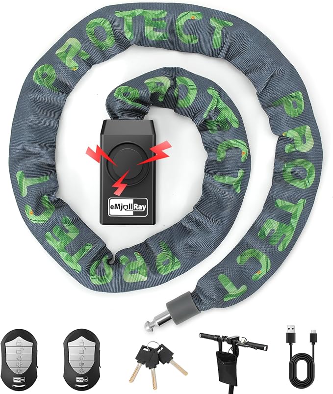 Anti-Theft Bike Alarm Chain Lock,Bike Lock 110dB Security 8mm x 4ft Chain Lock with Key & Remote Control Heavy Duty Steel Rechargeable E-Bike Scooter Bike Lock (Storage Bag Included) (Green)