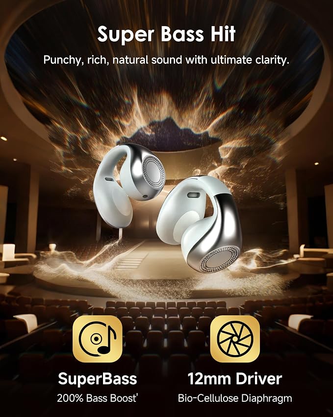 King Lucky Clip-On Earbuds,Comfort Air Cushion Open Ear Earbuds Wireless Bluetooth 6.0 Multipoint, Open Ear Headphones with Mic,Anti-Mistouch,45H Playtime for Sports,Small Ears&Sleep (Silver)