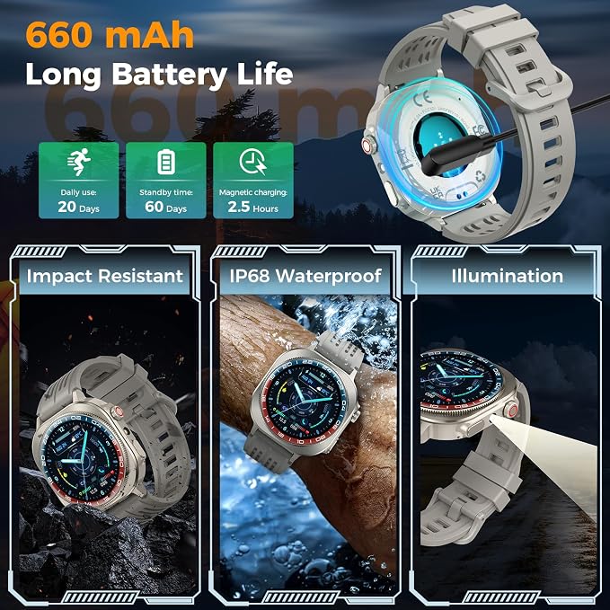 Smart Watch (Answer/Make Call), 1.43" AMOLED-3D Military Smartwatch for Men Women, Flashlight/130+ Sports/60 Days, Heart Rate/Sleep Monitor, IP68 Waterproof Fitness Activity Tracker for Android iOS