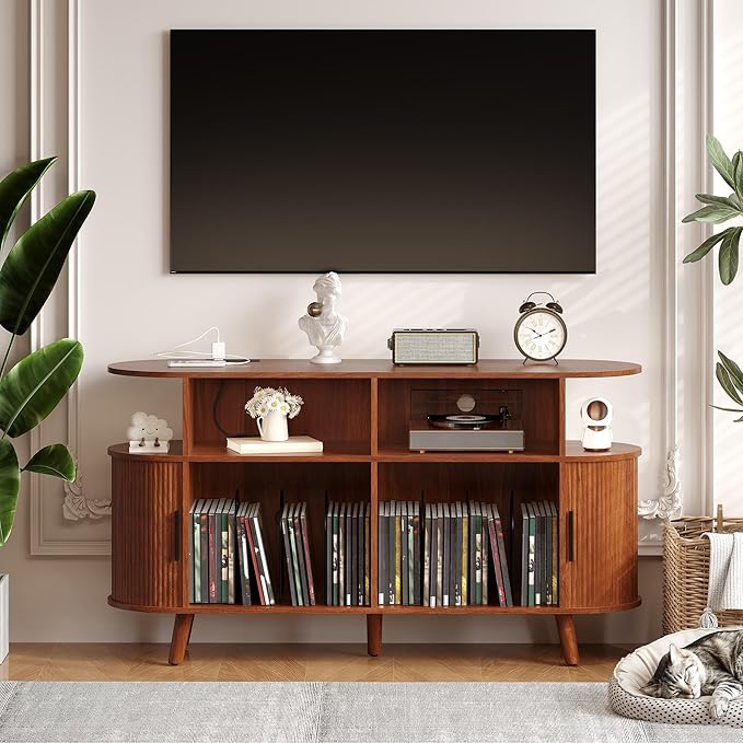 Garvee 55'' Fluted Mid Century Modern Turntable Cabinet with Vinyl Storage, Large Round Record Player Stand with Charging Station and Display Shelf, Arched Wood Record Player Table for Living Room