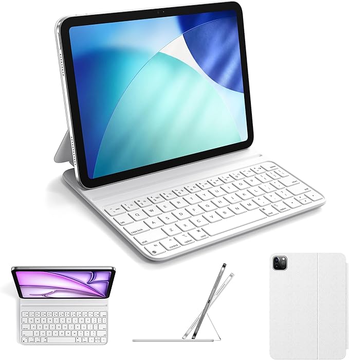 HOU Slim Bluetooth Keyboard Case for iPad Air 11 inch M4/M3/M2(2026/2025/2024), Air 5th/4th, Pro 11 (1st-4th Gen), Smart Folio, Magnetic Stand (2 Angles), Magnetic Charging, Synthetic Leather, White