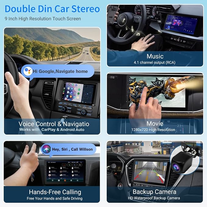 Haudio 9" Double Din Car Stereo with Wireless Apple CarPlay & Android Auto | 9-Inch HD Touchscreen | Bluetooth, GPS Navigation, Backup Camera | Universal Fit for All Cars