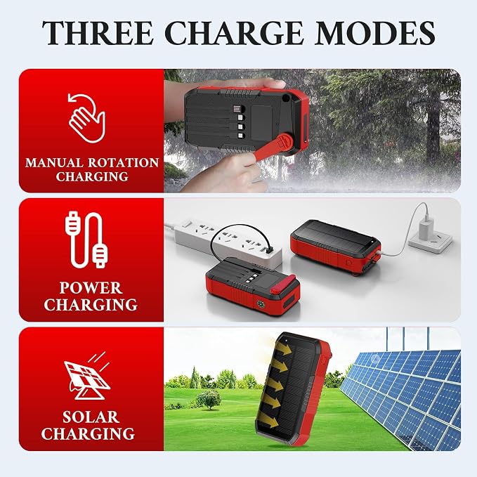 Solar Power Bank, 66800mAh, Hand Crank, 22.5W USB-C Fast Charging, 6 Outputs & 4 Inputs, SOS/Strobe/Compass, for Camping/Hiking/Trips (Red)
