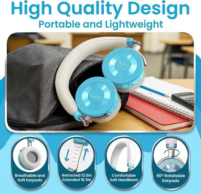 Puro Sound Labs JuniorJam Plus Volume-Limiting Wireless Bluetooth Headphones for Kids, Secure Audio with Adjustable On-Ear Design, 22-Hour Battery Life, Ideal for Tablets, Smartphones & PCs - Teal