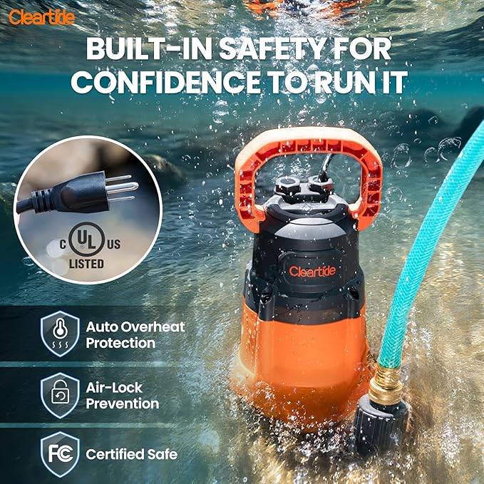 Cleartide Submersible Utility Water Pump, 1/3 HP 2790 GPH Portable Sump Pump with Copper Motor, Plug and Work for Pond, Garden Watering, Pool or Hot Tub Water Transfer