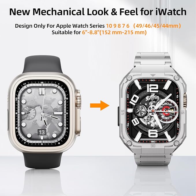 Mechanical Metal Watch Case with Band Compatible with Apple Watch Series 11/10 46mm Band,Rugged Military Stainless Steel Protective Bumper Cover,Tough Business iwatch Band Strap for Men,Silver