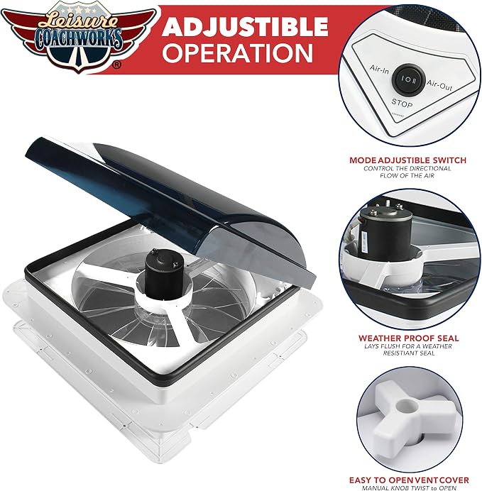 14" x 14" RV Roof Vent Fan 12V Manual Riser Reversible Manual Lift with Smoked Lid