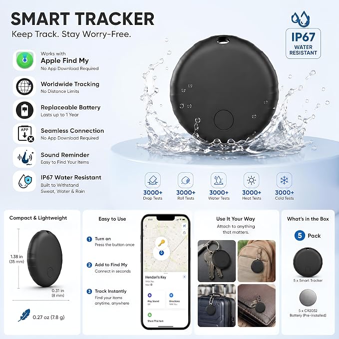 Key Finder 5 Pack for Apple Find My App, iOS Tracker Tags | iOS Only Bluetooth Finder for Keys, Wallets and Luggage