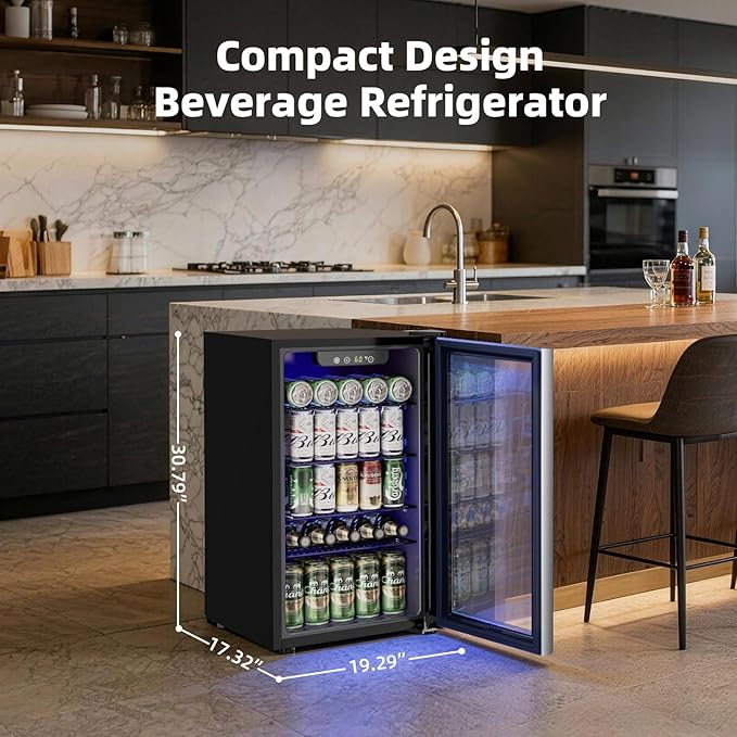 Antarctic Star Mini Fridge -130 Can Beverage Refrigerator CoolerGlass Door for Soda Beer or Wine Constant Glass Door Small Drink Dispenser for Home, Office Bar 3.2cu.ft