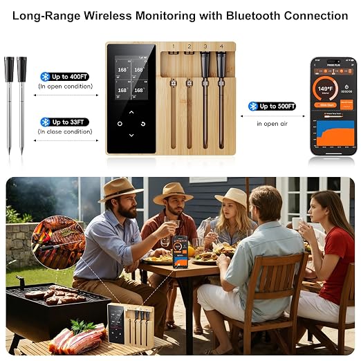 Newise 4 Probes Wireless Meat Thermometer, Bluetooth Digital Food Thermometer for BBQ, Grill, Oven, Smoker, Long Range and Rechargeable Base with Real-time Alerts