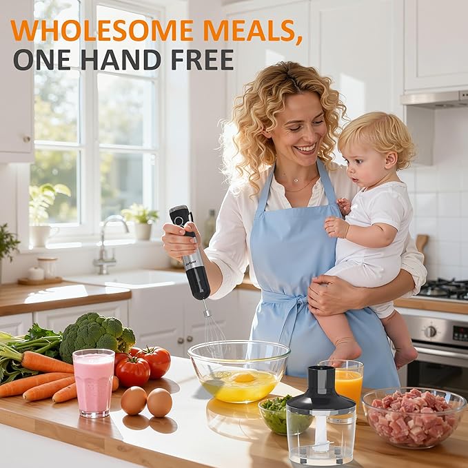 SUNVIVI 10-in-1 Immersion Blender Hand Blenders Set, 1000W Hand Stick Blender with 12-Speed, 860ml Chopper, Potato Masher, Whisk, Juicer, Frother for Soup, Baby Food and Smoothies, Black