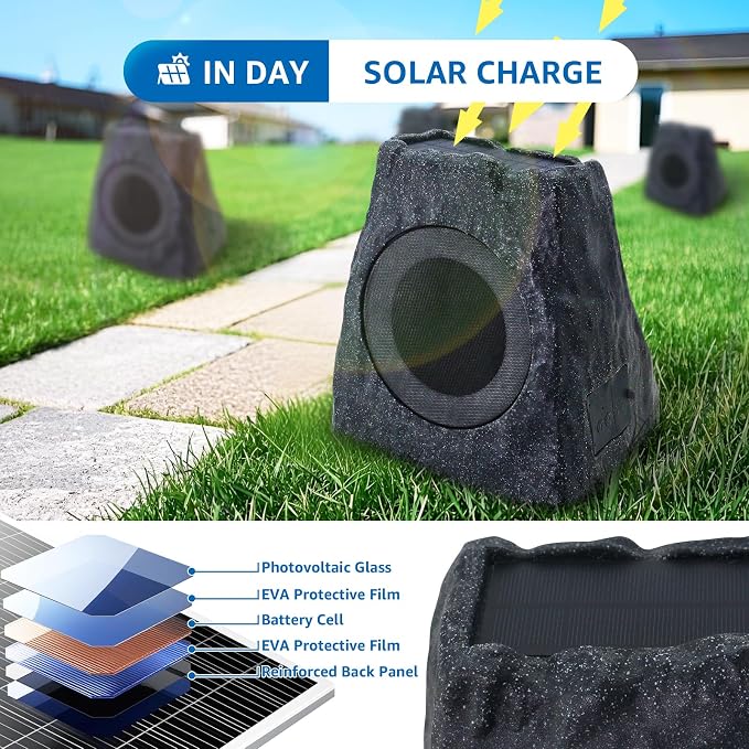 2-Pack Solar Powered Rock Speakers Outdoor Water-Resistant with 3 Mode Lights and Pair Function USB Rechargeable for Patio Garden Party Pool Outside