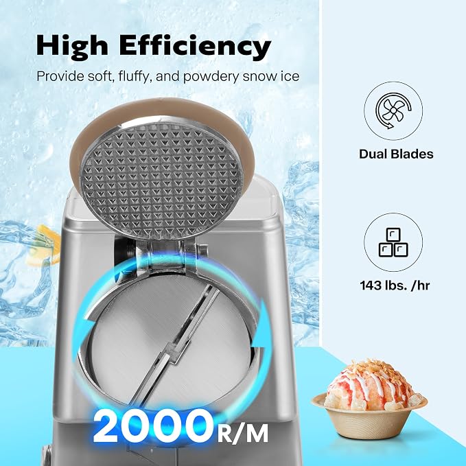 VIVOHOME 11 Inch Height Dual Blades Ice Crusher Shaver 300W 2000 rpm Snow Cone Maker Machine Silver Electric with Ice Pick for Home and Commercial Use