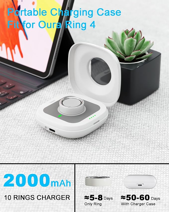 Portable Charging Case Compatible with Oura Ring 4 Charger, Fits All-Sized Ring Gen 4, Up to 10 Ring Charges,White (Official Charger NOT Included)