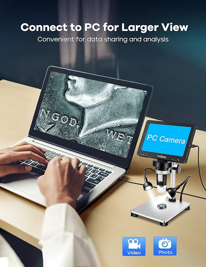 7" LCD Digital Microscope 1200X,Leipan 12MP Coin Microscope with Screen for Adults,1080P Coin Magnifier with 12pcs Slides,Wired Remote,2 Side Lights,Windows/Mac OS Compatible