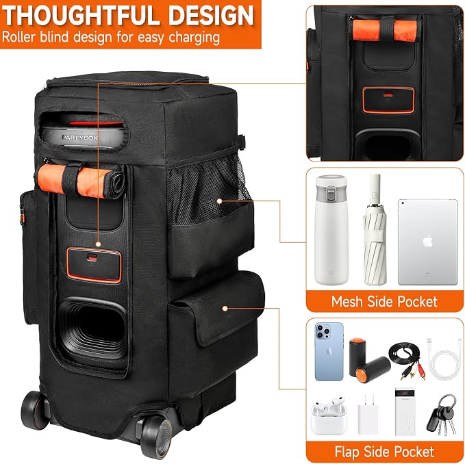 Speaker Case Compatible with JBL PartyBox 320,Bottomless Speaker Dust Cover Storage Bag Fits for JBL PartyBox 310 for Outdoor Travel,Black+Orange,Portable Cover Only,(Without Wheels and Pull Rod)