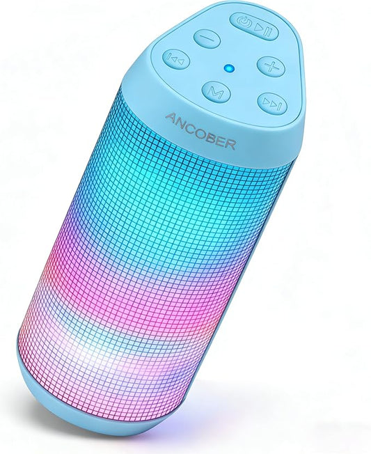 ANCOBER Bluetooth Speaker, Portable Wireless Speaker with HD Crystal Stereo Sound, LED Lights, IPX4 Waterproof, TWS Pairing, BT5.3, Electronics Gadget for Home/Party/Outdoor/Camping, Gifts (Azure)