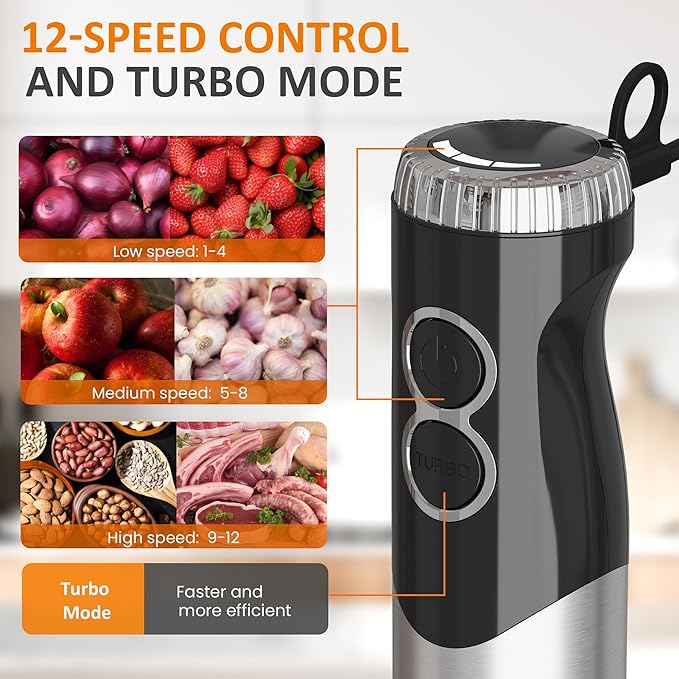 SUNVIVI 10-in-1 Immersion Blender Hand Blenders Set, 1000W Hand Stick Blender with 12-Speed, 860ml Chopper, Potato Masher, Whisk, Juicer, Frother for Soup, Baby Food and Smoothies, Black