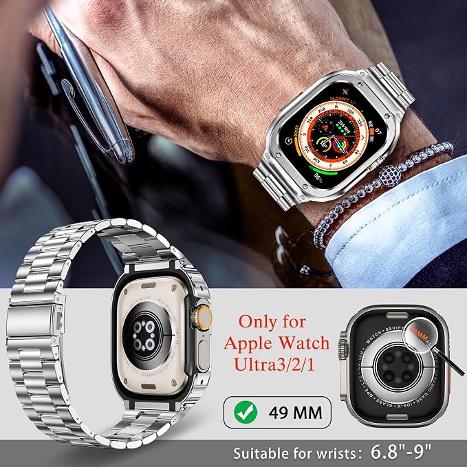 MioHHR Stainless Steel Band and Case Compatible with Apple Watch Band 49mm, Men Metal Protective Bumper Cover for iWatch Series Ultra 3/2/1, Silver