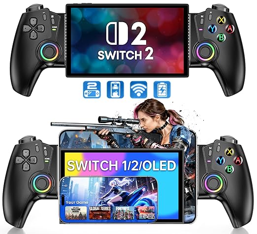 Mobile Gaming Controller for iPhone/Android/Switch 2/Switch/OLED/iPad Mini, Wireless Switch Controller One-Piece Joypad with Hall Effect Joysticks/Hall Triggers Support Xbox Cloud, Steam Link,Black
