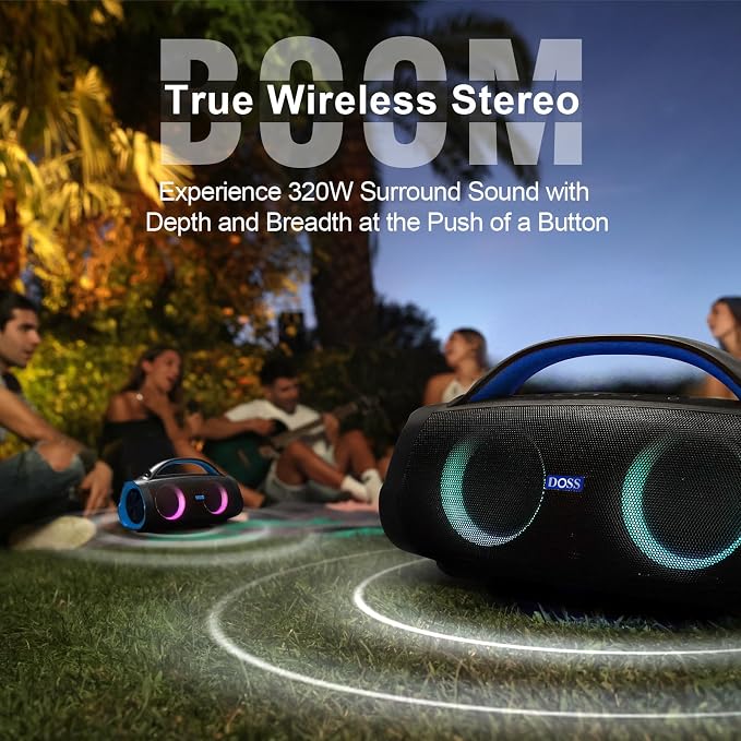 DOSS Extreme Boom Pro 100W Portable Speaker, 2+2 Channel, Deep Bass, IPX6 Waterproof, Bluetooth 5.3, 20H Playtime, Power Bank, Dynamic Lights, Outdoor Speaker for Camping, Beach, Poolside - Blue