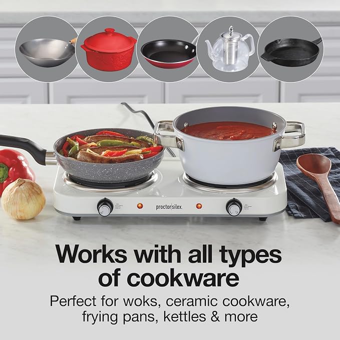 Proctor Silex Portable Electric Stove, Cast Iron Double Burner Cooktop, Compact, Adjustable Temperature Hot Plate, 1700 Watts, White (34117)