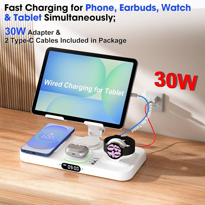 30W Tablet Wireless Charger for Samsung, Foldable Android Charging Station with Clock Display with 7-Color Light, Wireless Watch Charger for S25, Only Compatible Samsung Watch, Galaxy Buds3 Pro(White)