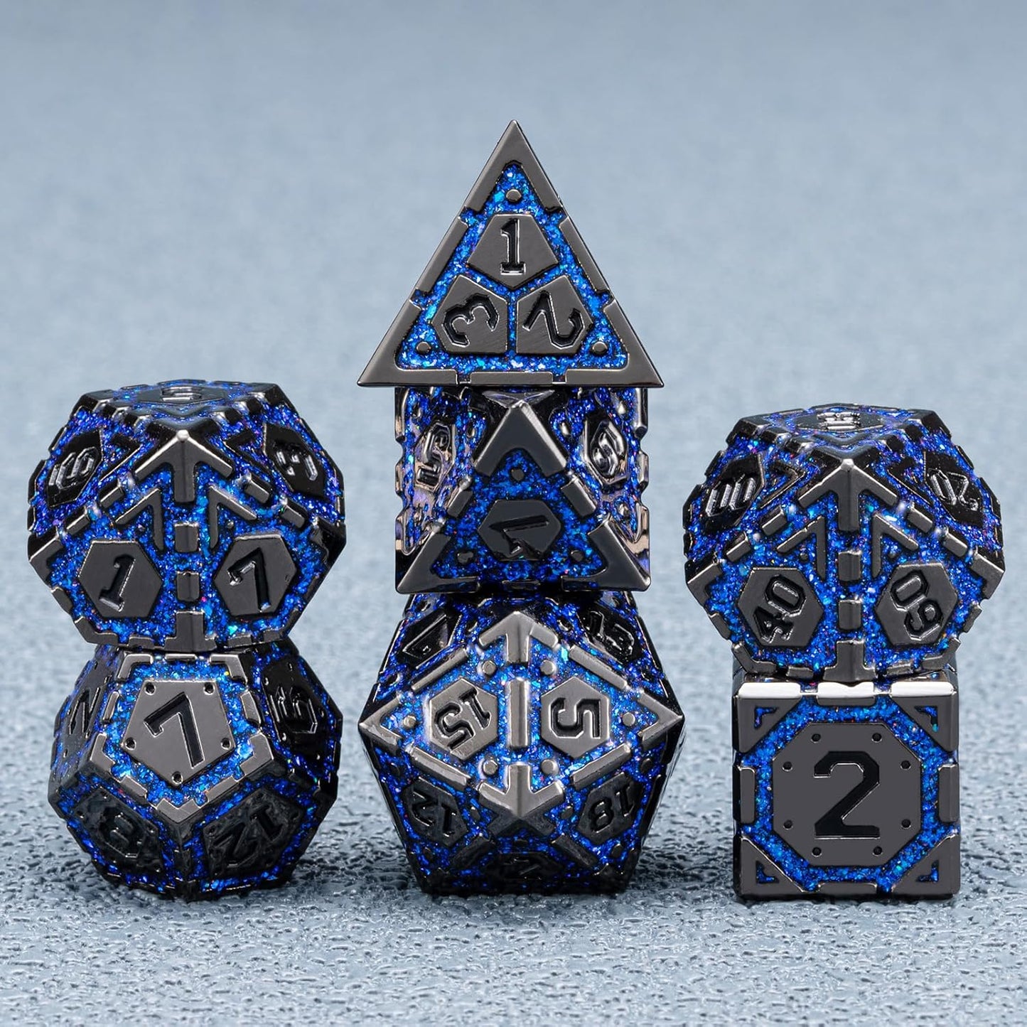 DND Metal Dice Set with Cracks, Polyhedral Dice for RPG D&D Dungeons and Dragons RPG TTRPG D and D 7-Die with Gift Case (Black Nickel Sapphire Blue)