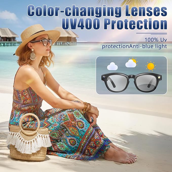 AI Smart Glasses with 1080P HD Camera, AI Real-Time Translation, Bluetooth Audio – Smart Glasses with Camera, Hands-Free Video Recorder for Travel, Sports, Outdoor Use (Black)