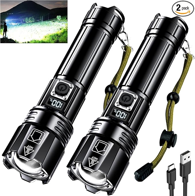 AKNEAR Rechargeable LED Flashlight High Lumens, Super Bright Flashlights with Zoomable & USB C Rechargeable & 5 Light Mode & IPX7 Waterproof, Powerful Flash Light for Home, Hiking, Camping