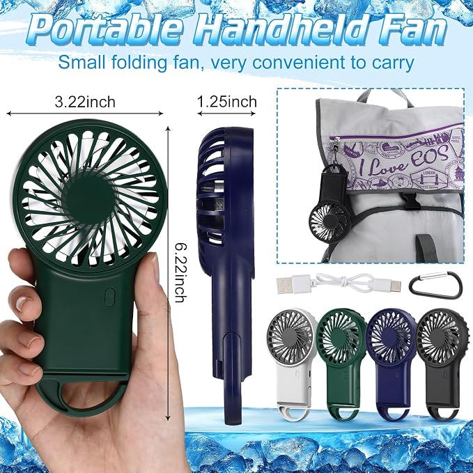 VIHOSE 4 Pcs Portable Hanging Fan, 3 Speeds Personal Rechargeable Desk Hand Held Small Fan with D Metal Hook for Cooling Small Personal Hands Outdoor Travel (Black,Dark Blue,Dark Green,White)