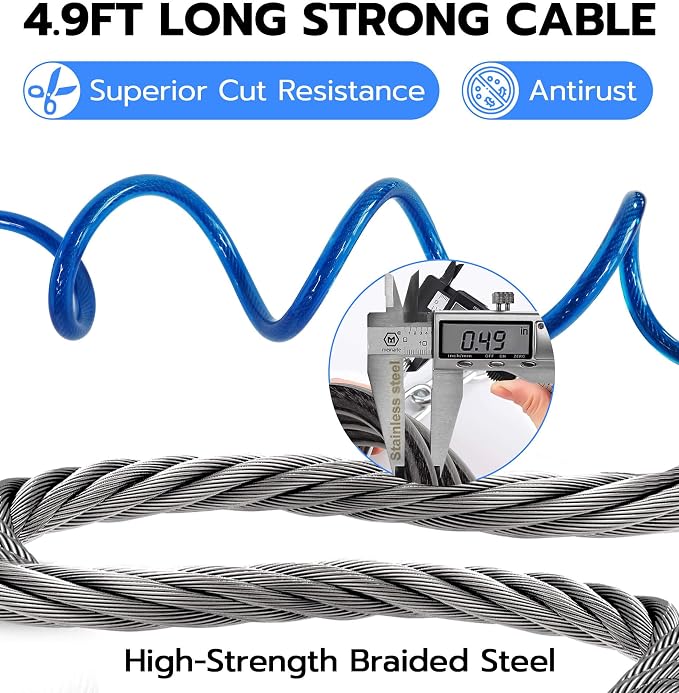 Anweller Fingerprint Cable Lock, 4.9FT Long Heavy Duty Anti Theft Bike Lock, Weatherproof Keyless Biometric Bluetooth App Smart Lock for Bicycle Scooter Lawnmower Skateboard Snowboard Ski - Dark Blue