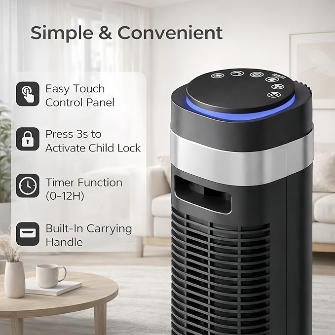 Tower Fan for Bedroom, Oscillating Bladeless Fan with Remote, 5 Speeds 4 Modes Quiet Fan 28dB, 22.3ft/s High Velocity,12H Timer, LED Display Cooling Fan Floor Standing Fan for Home Office, Dorm,Black