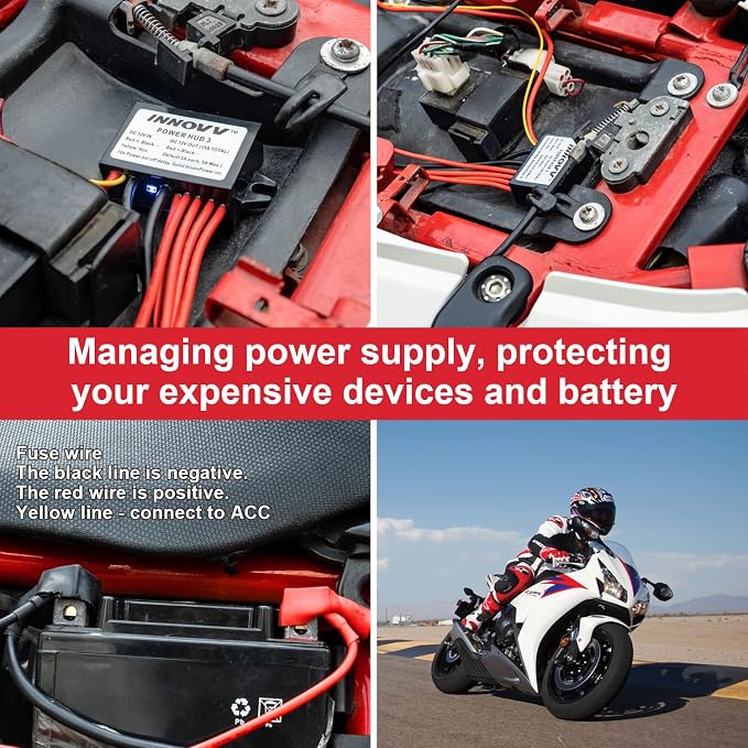 INNOVV Power Hub 3 Power Distribution System Kit, DC 12V 15A Motorcycle Power Distribution Hub, Connecting Up to 5 Devices Installed on The Motorcycle
