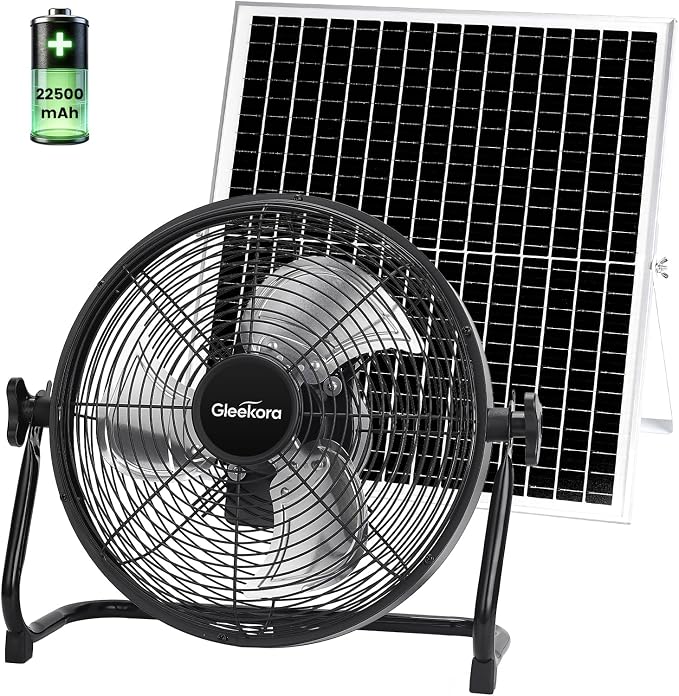 12'' Solar Powered Fan with 35W Solar Panel, Rechargeable Battery Operated Floor Fan with 23FT Cable, Cordless Portable Outdoor Fans for Home, Camping, Chicken Coop, Greenhouse, Power Outages
