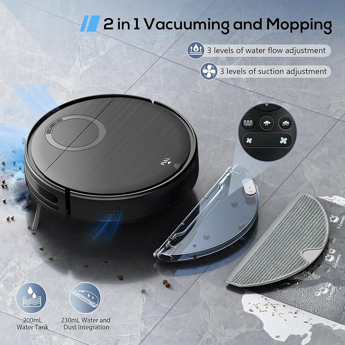 Robot Vacuum, 2 in 1 Robot Vacuum and Mop Combo for Pet Owners: Strong Suction, Anti-Tangle Brushless Inlet, Picks Up Dog & Cat Hair, Wet Mopping Removes Paw Prints, Auto-Recharge with Schedule