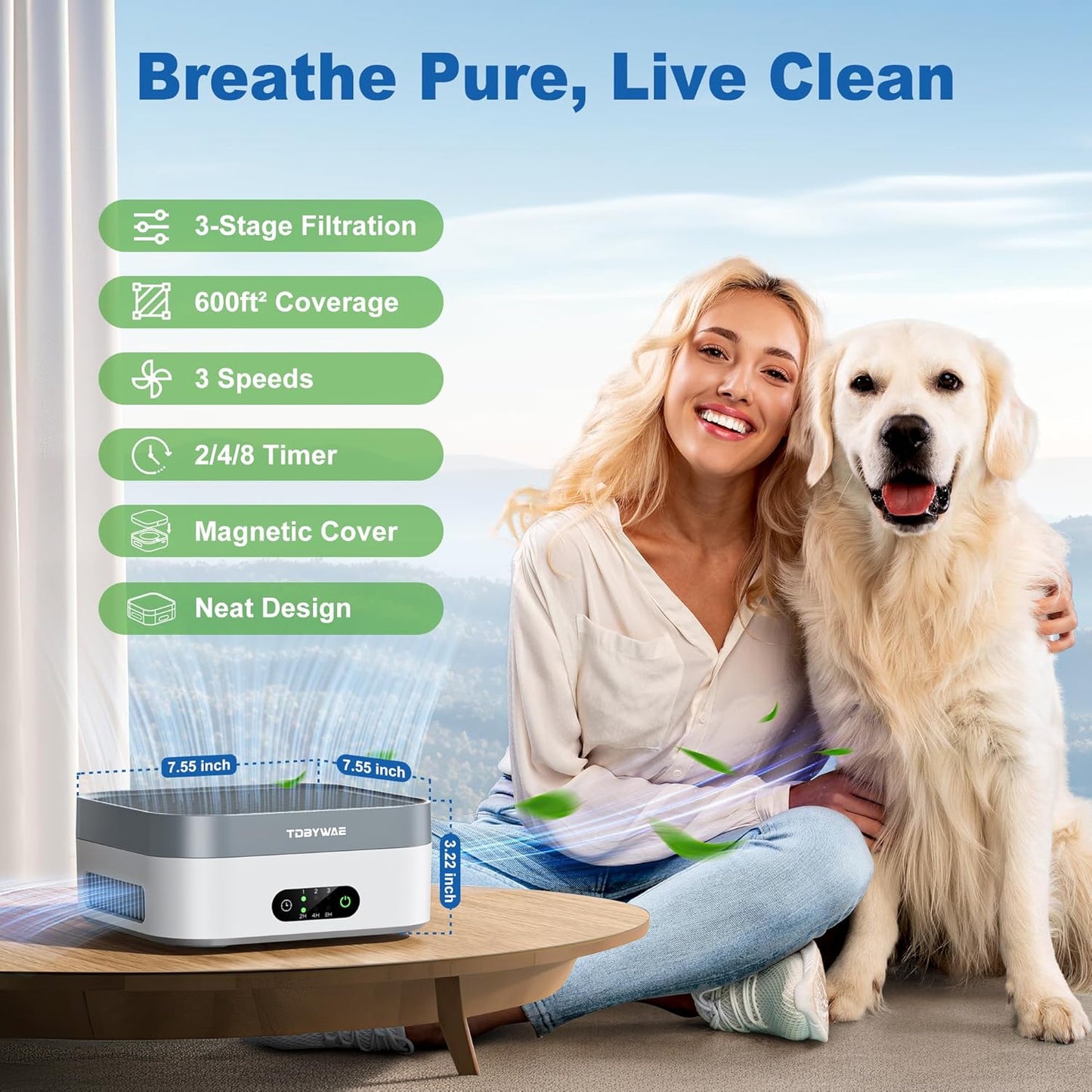 Air Purifier 2 Pack for Bedroom Up to 1200 ft², H13 True HEPA Air Purifier for Pets Dust Dander Pollen Odor Smoke, with New Quiet Wind Wheel System, for Desk/Car/Travel